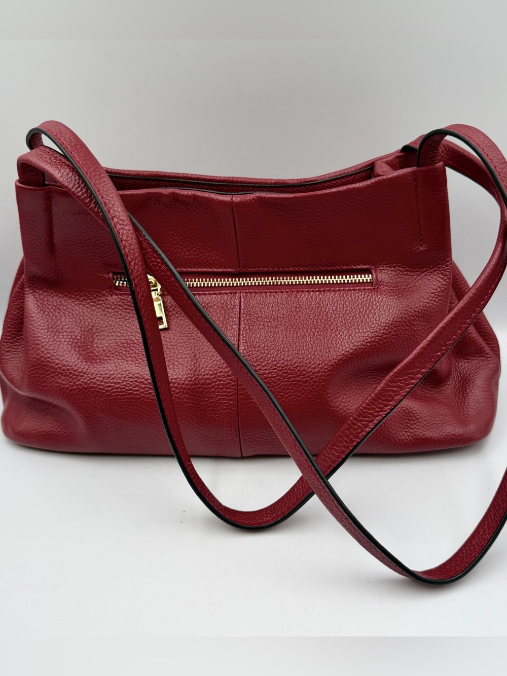 Kattee Burgundy Dark Red Leather Shoulder Bag Pockets Double Strap Pebbled Lined